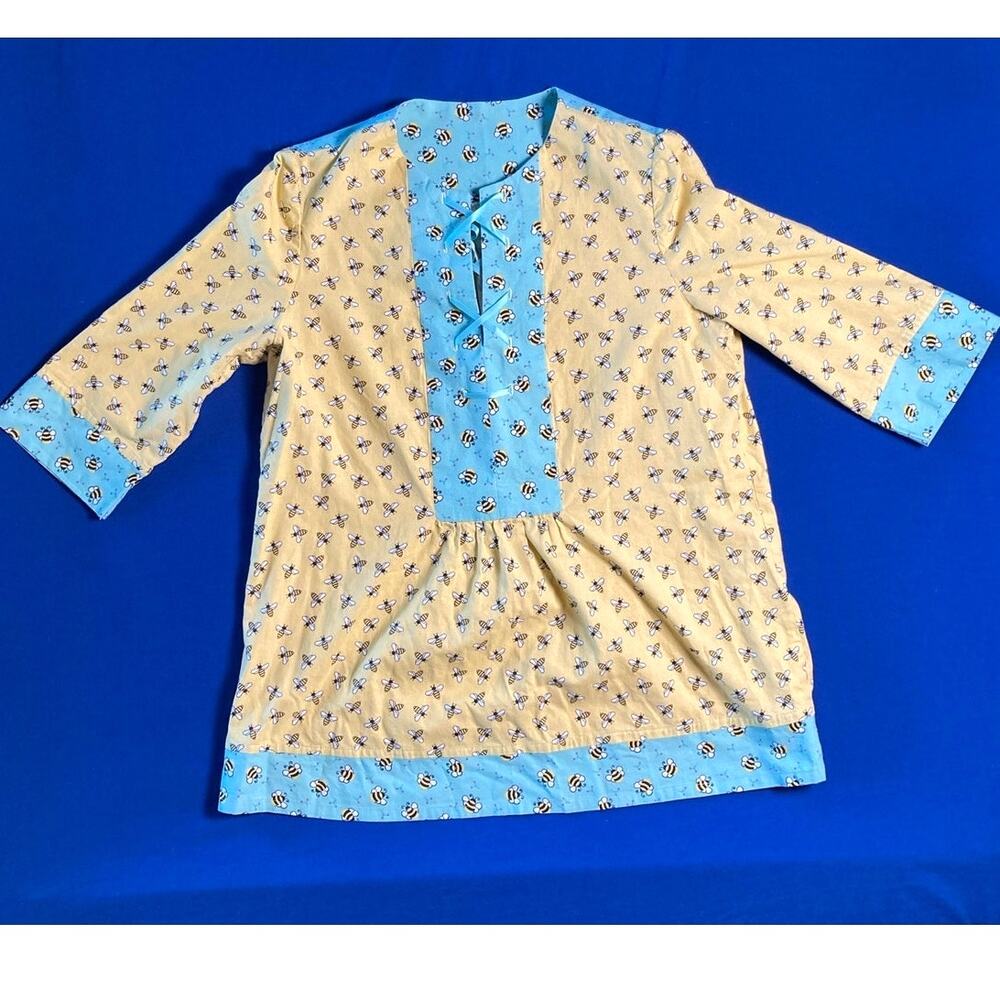 Handmade Women's Yellow Teal Bee Print Lace Up Tunic Peasant Blouse Sz L